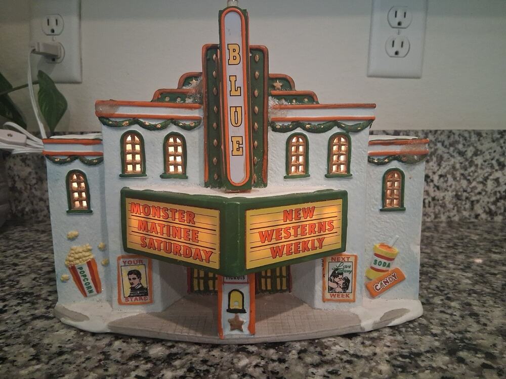 Vintage 1998 Lemax The Blue Movie Theater Christmas Village Light Up